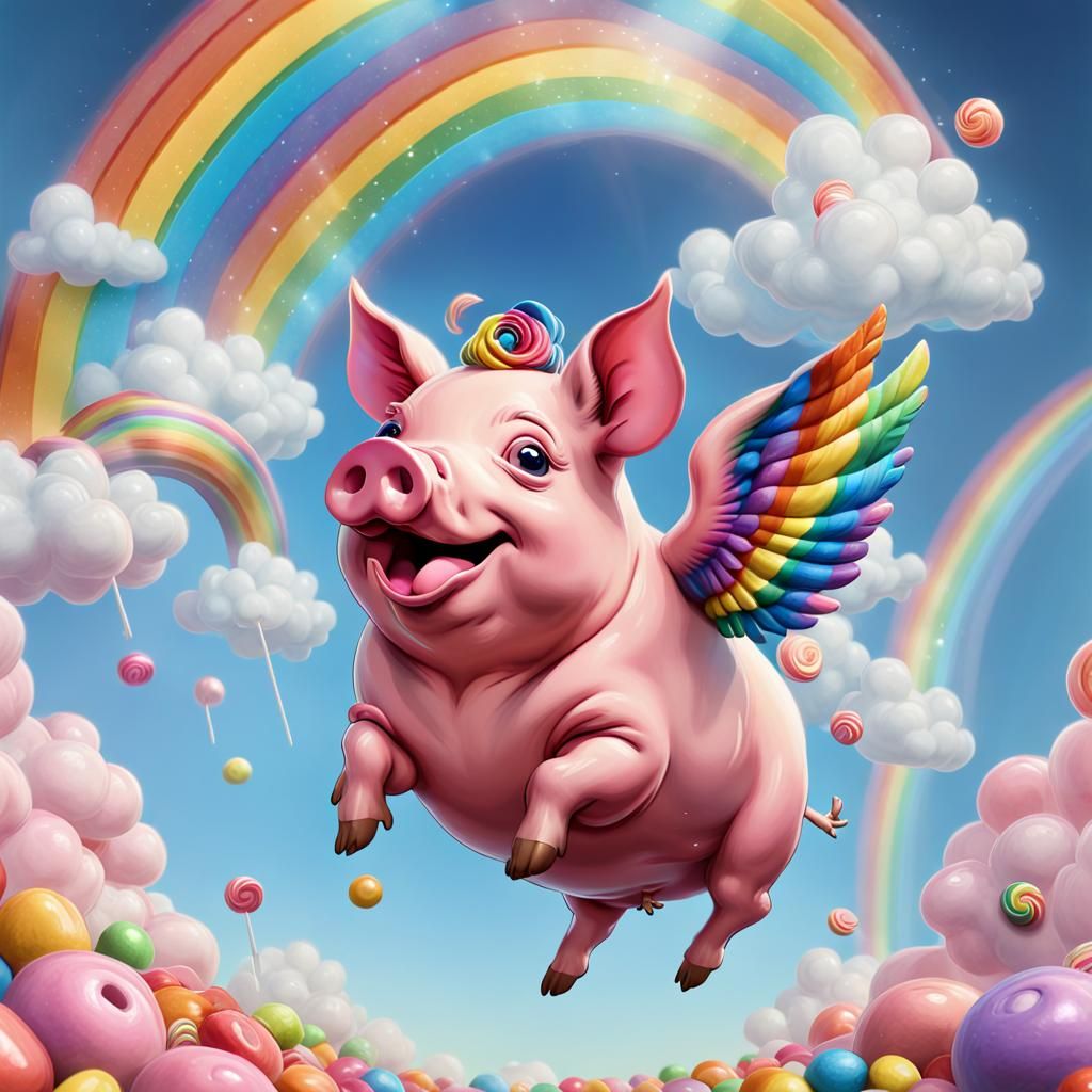 Flying Pig with Rainbow in Candy Art Style