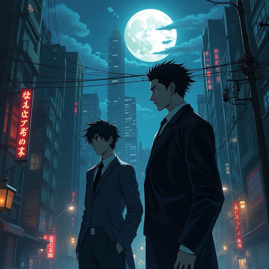 Stoic Gojo and Suguru in Haunting Tokyo Cityscape
