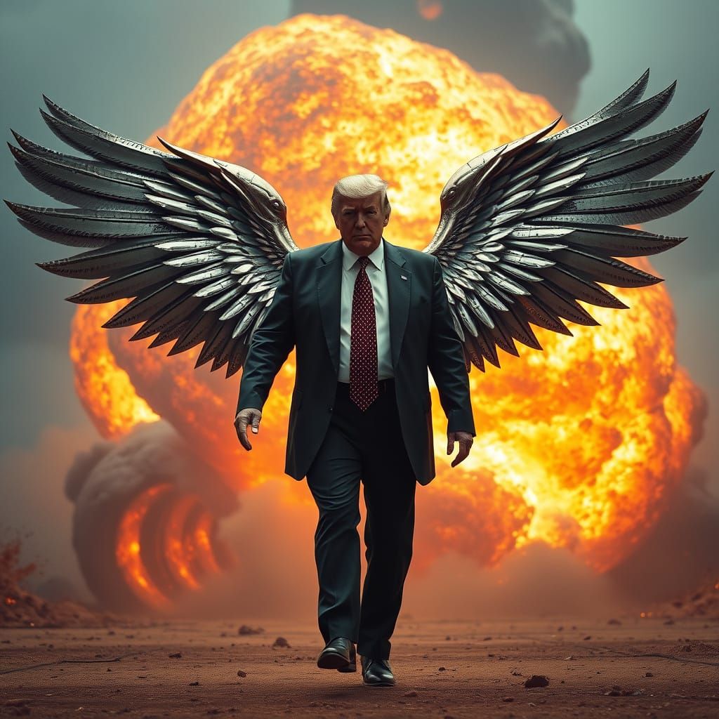 Epic Explosion: Man with Metal Wings Strides Forward