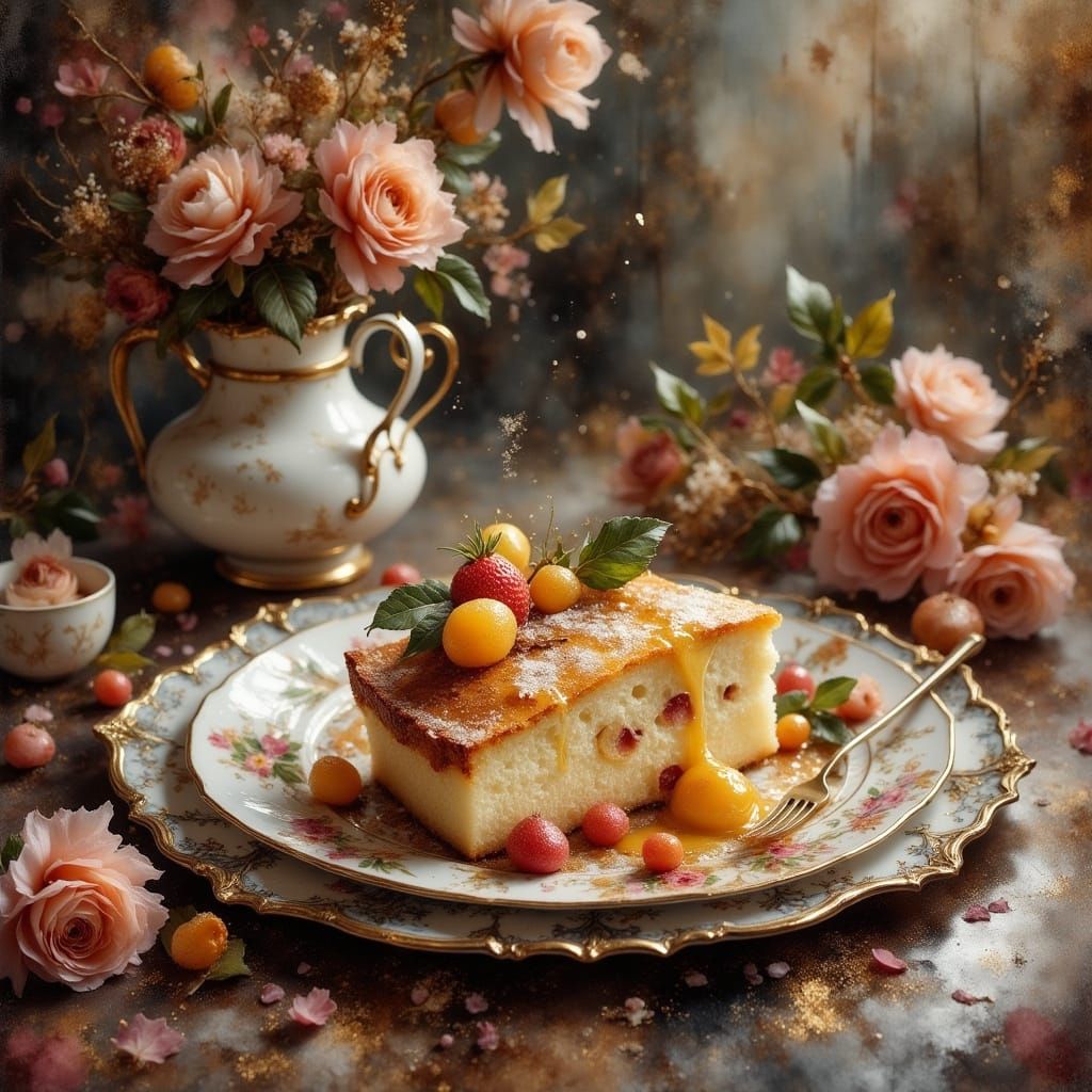 Gâteau dans une assiette en porcelaine, baignée dans un écla...