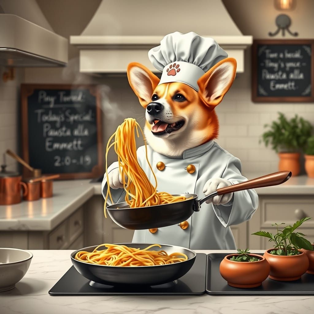Corgi Chef Tosses Spaghetti: Whimsical Kitchen Scene