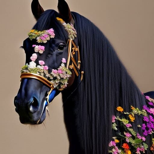 Black horse covered in flowers neo modern steampunk style delicate details masterpiece