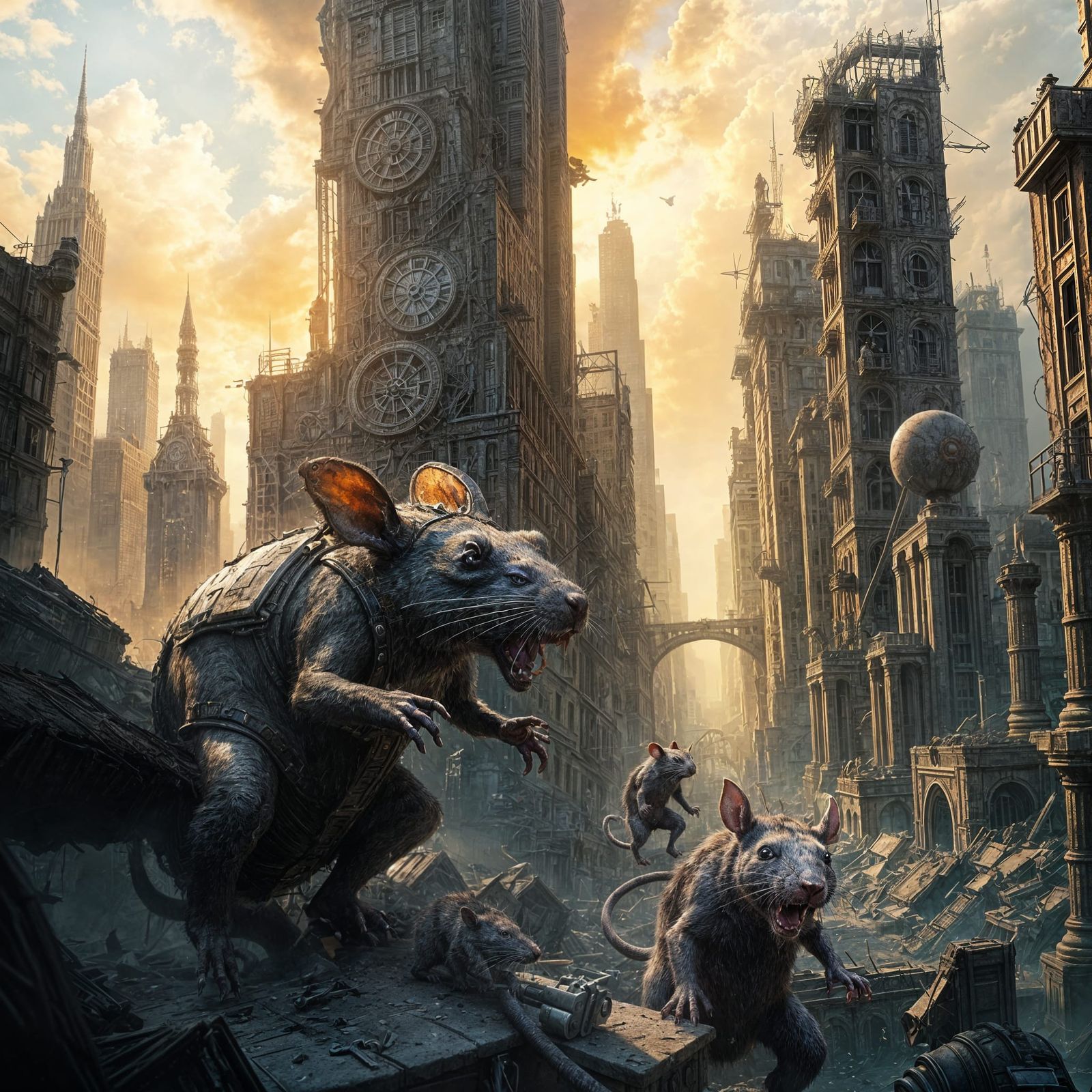 Apocalyptic Ruined City with Giant Robot Rats