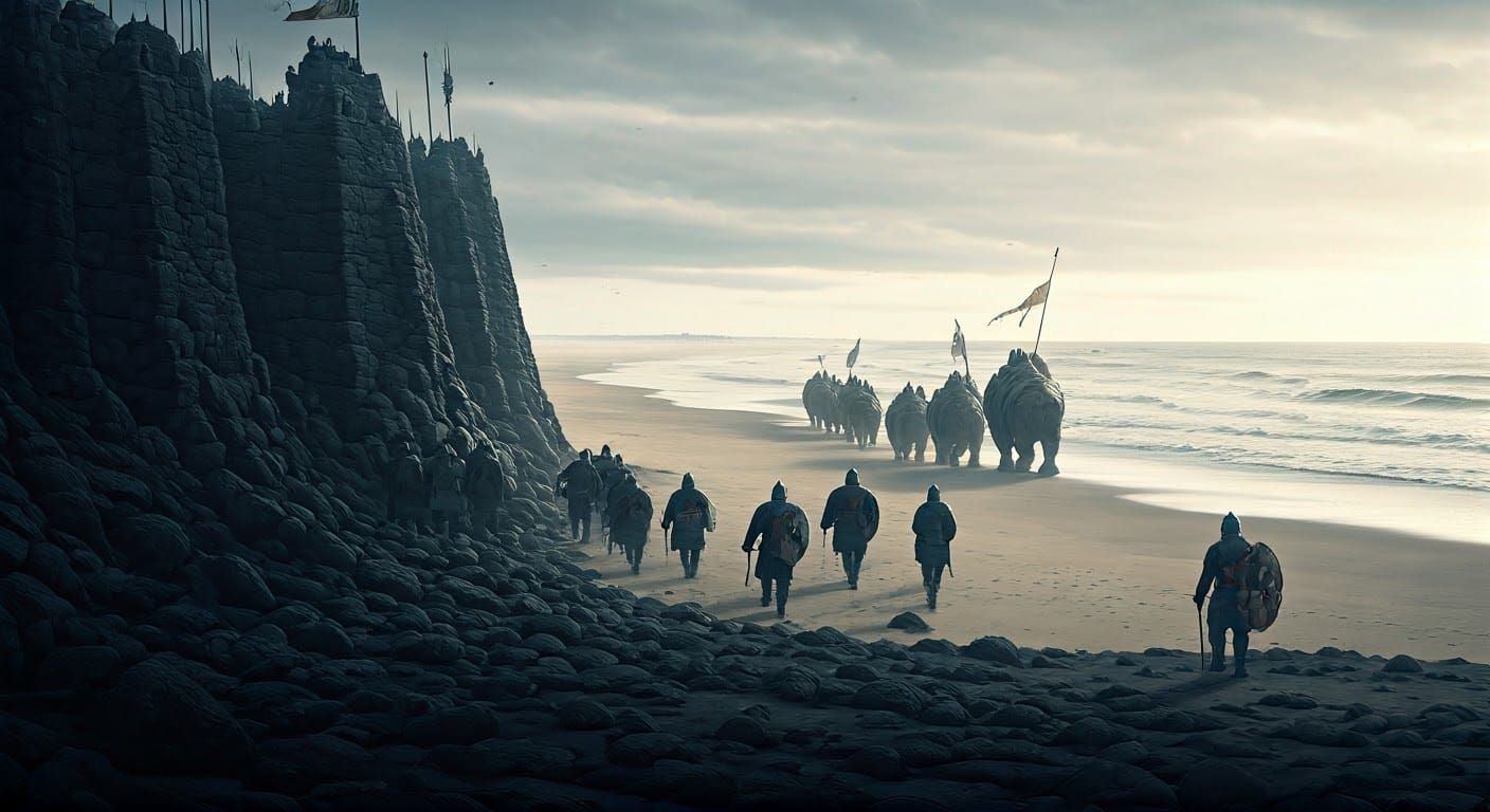 Medieval Marines Retreat Across a Winter Beach