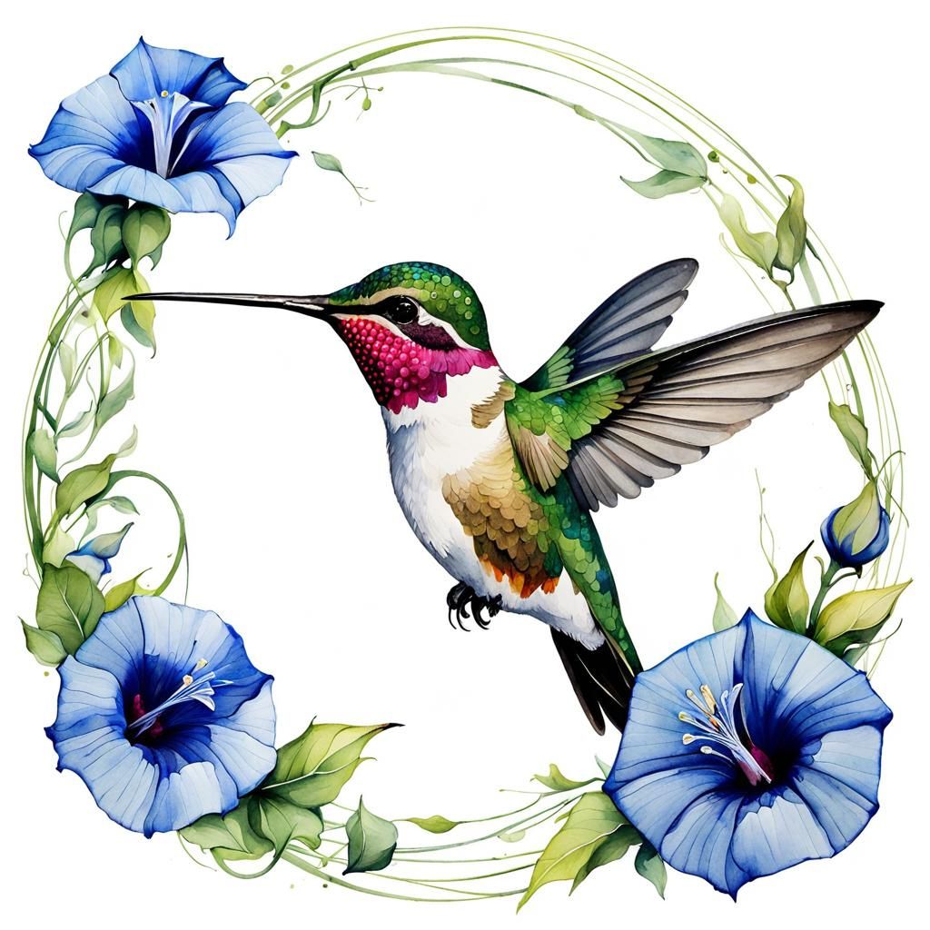 Hummingbird and Morning Glories in Watercolor Style