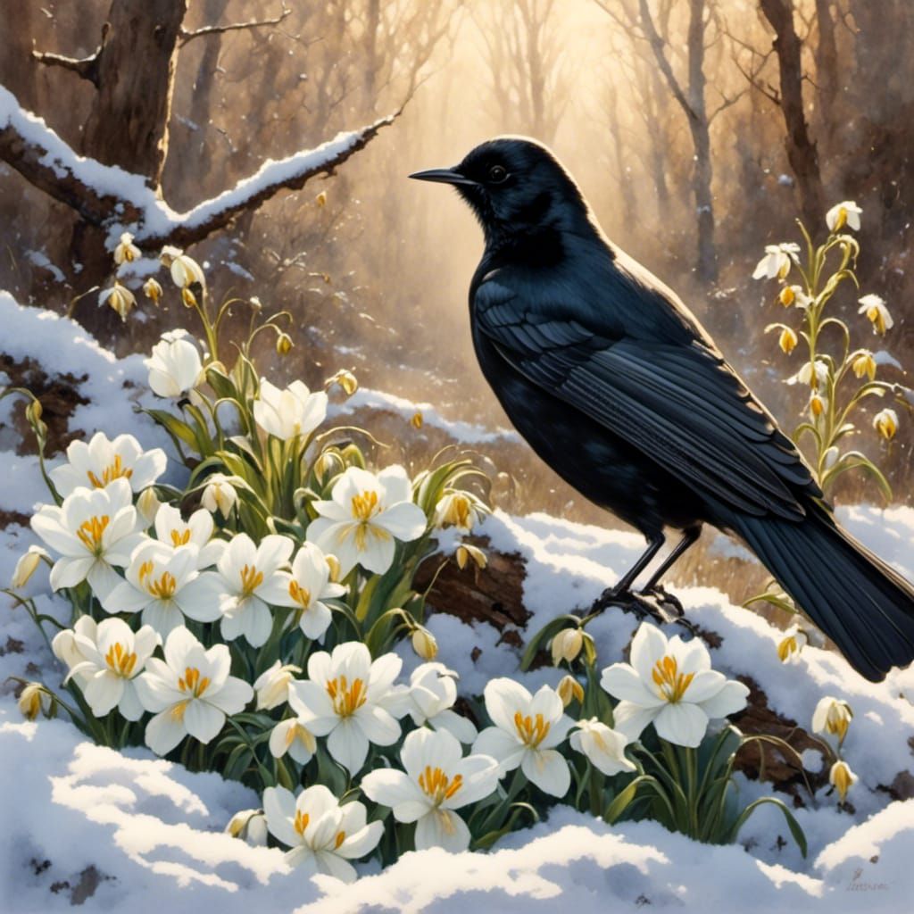 Snowdrops Emerge with Blackbird in Morning Light