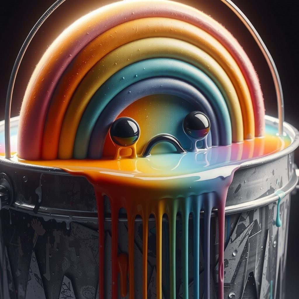Faded Rainbow Drips into Bucket: Surreal Photorealistic Scen...