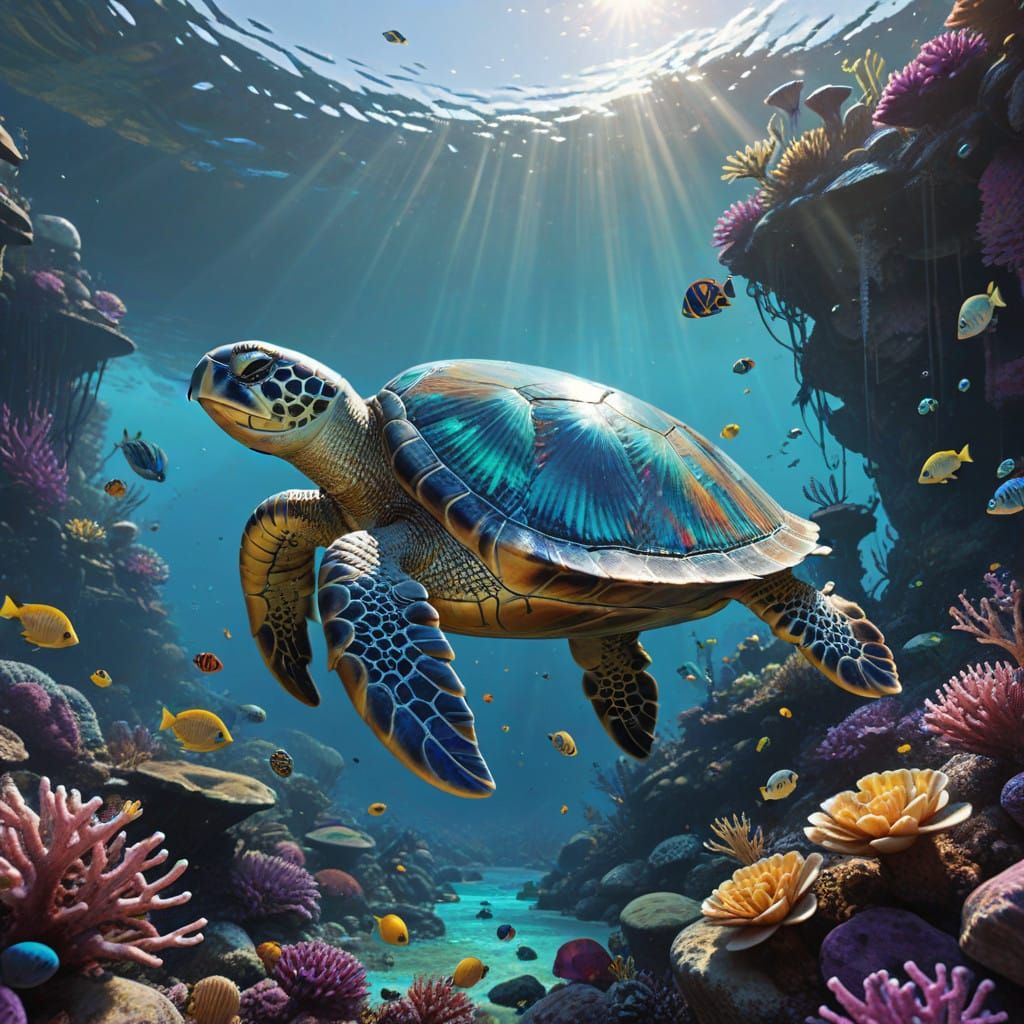 Majestic Sea Turtle in Iridescent Gemstone Shell Swims with...