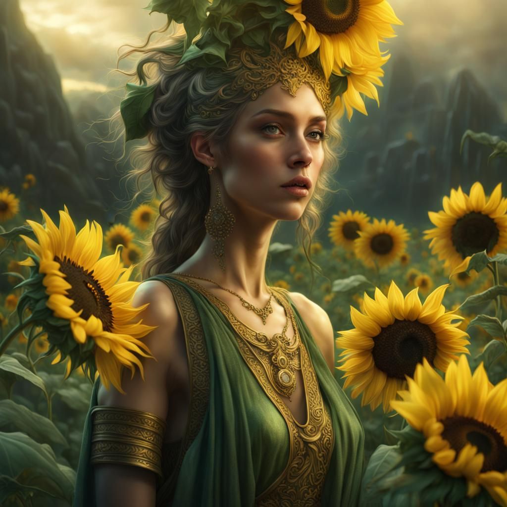 Sunflower Nymph in Green Tunic and Yellow Toga