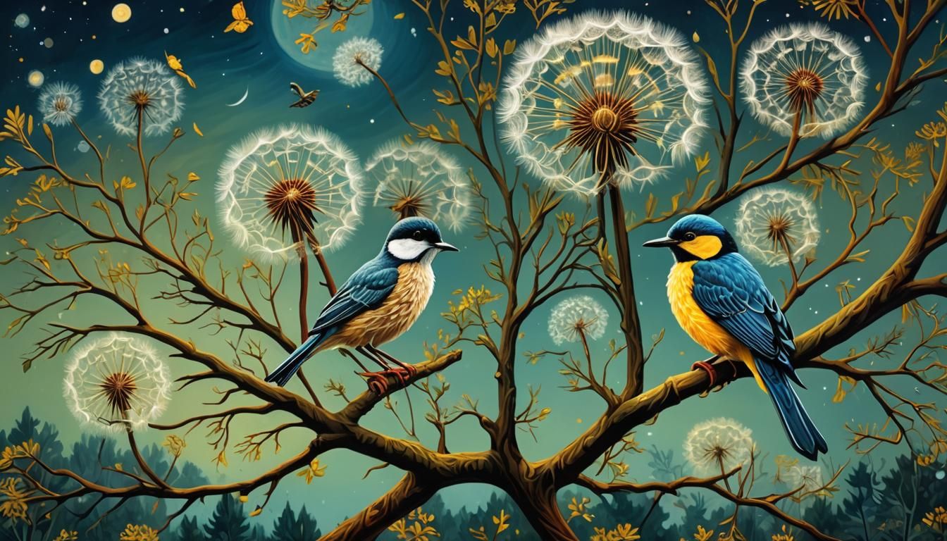 Dandelion Feather Bird Portrait in Van Gogh Style