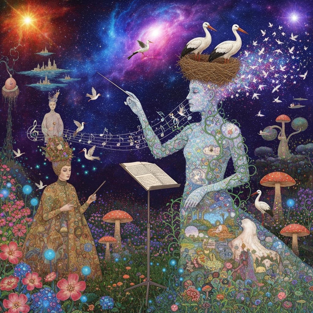Ethereal Conductor Transforms into Birds Amidst Cosmic Energ...