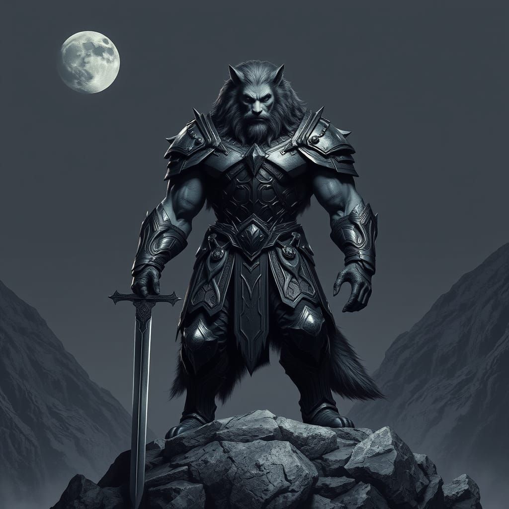 Dark Fantasy Werewolf Warrior in Metallic Armor