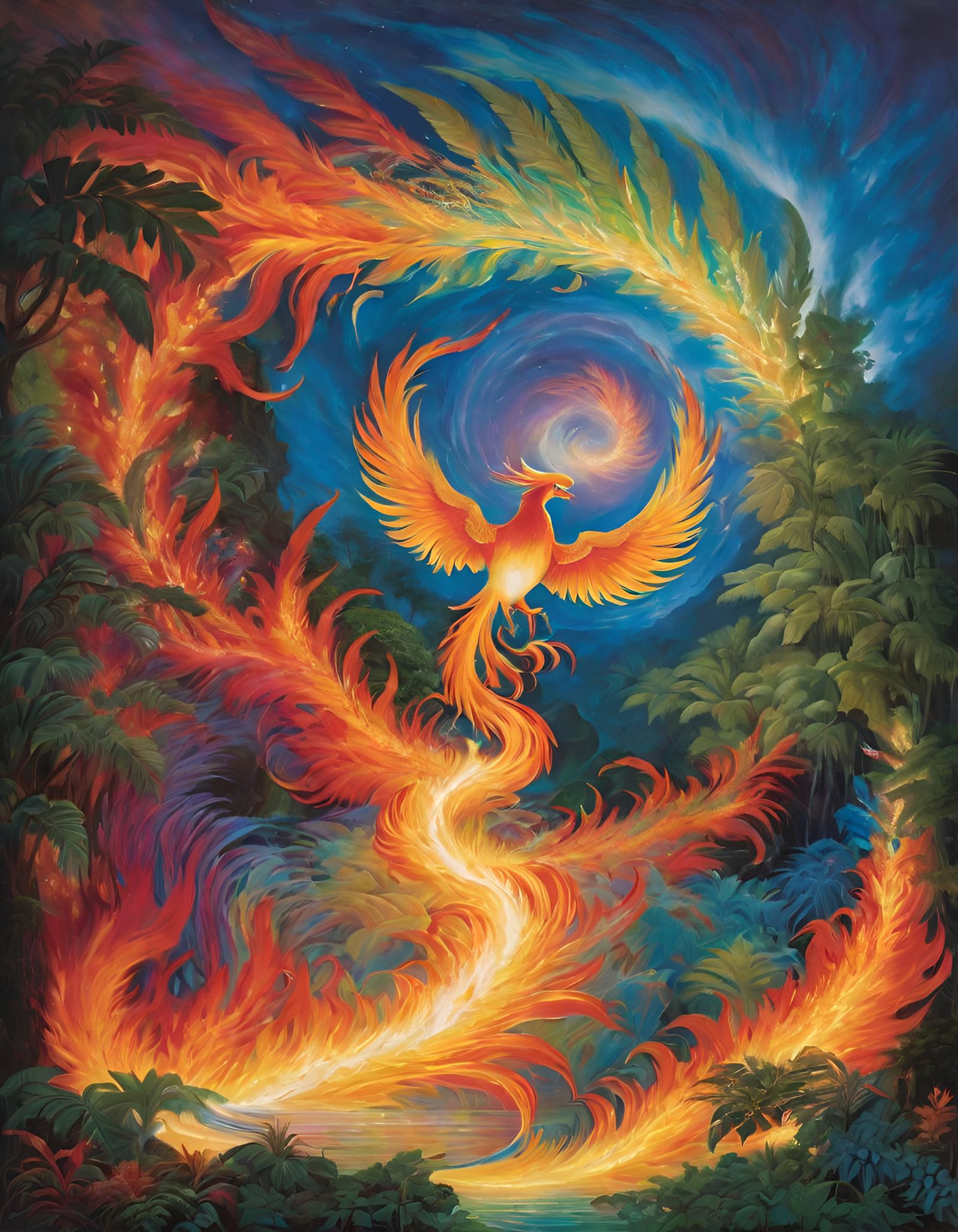 Fiery Phoenix Rising from Jungle