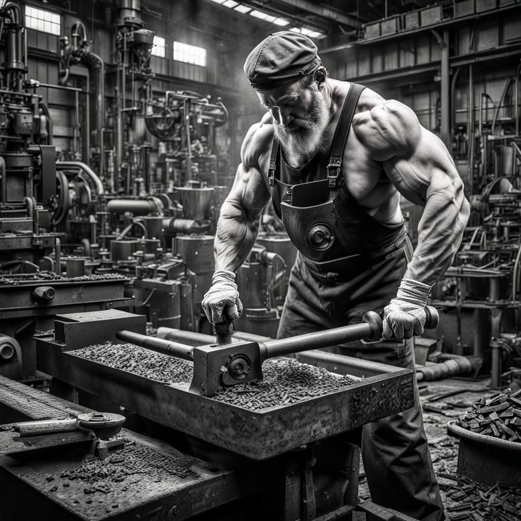 Steampunk Blacksmith Forging Steel in Industrial Mill