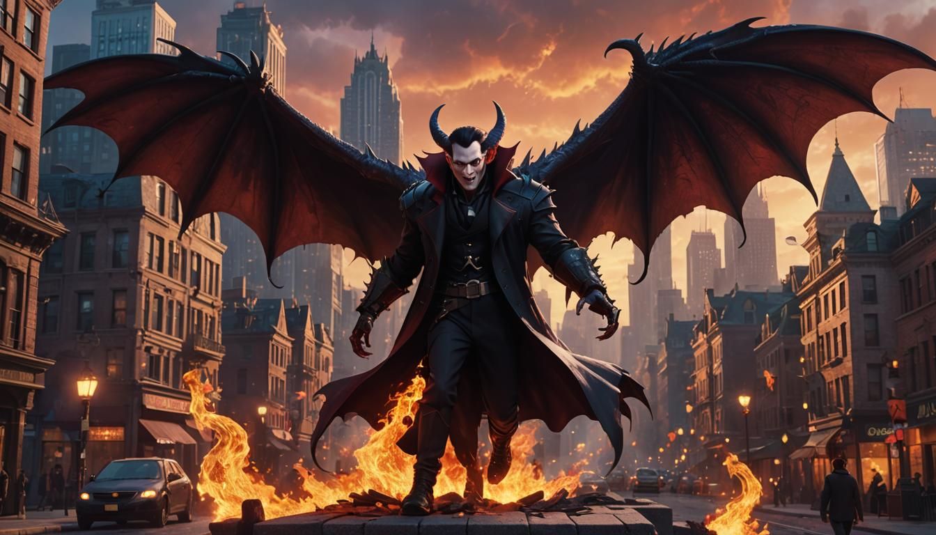 Vampire Dragon Casting Fire in City, 3D Art