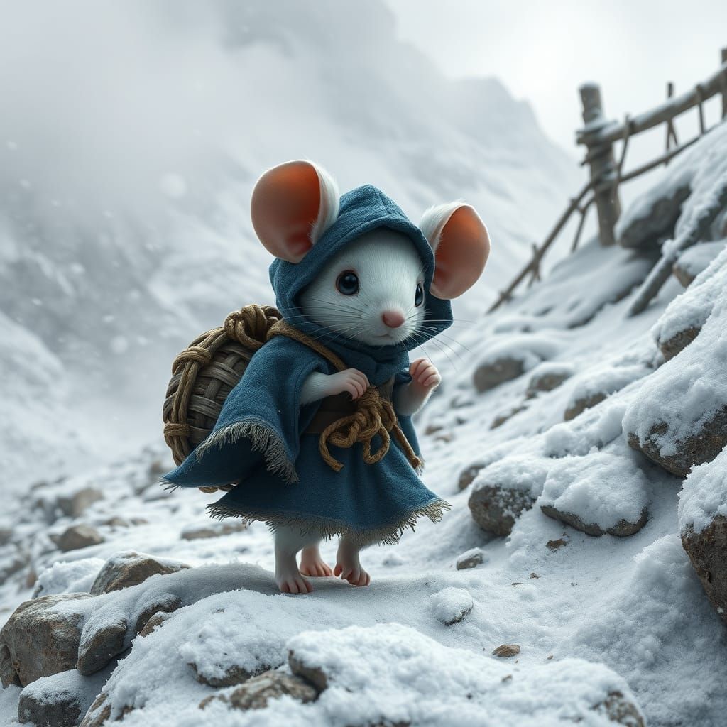 Mouse on Snowy Mountain Adventure: Photorealistic Fairytale