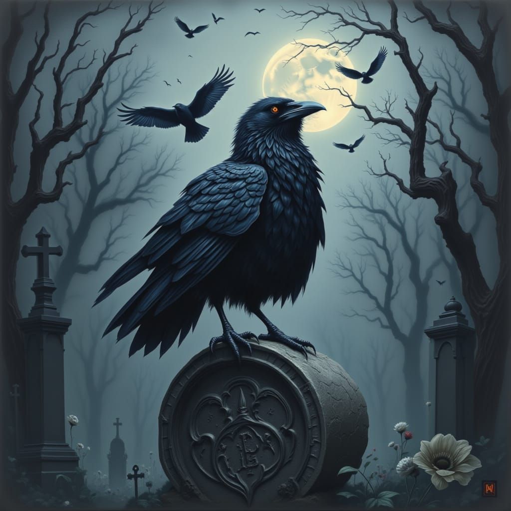 Raven on Gravestone: Gothic Still Life
