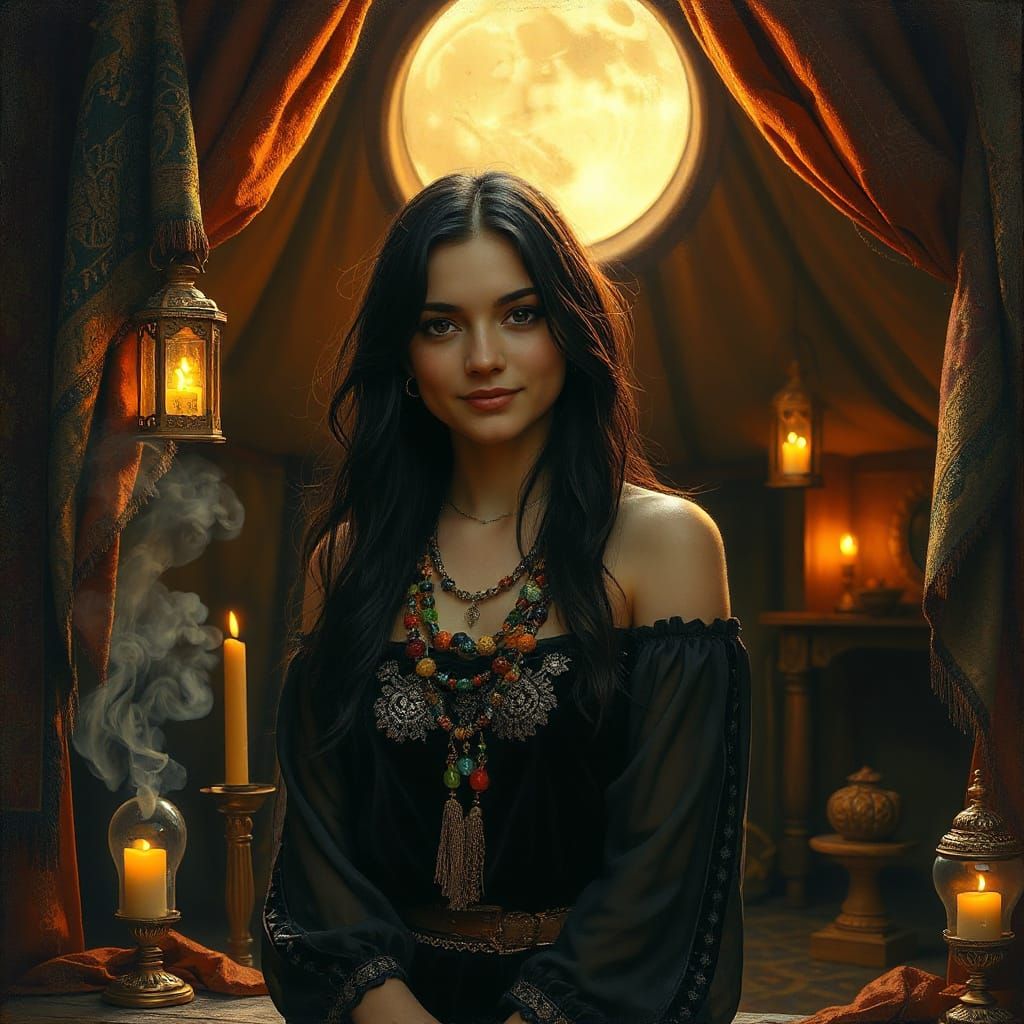 Mystical Fortune Teller in Moonlit Scene