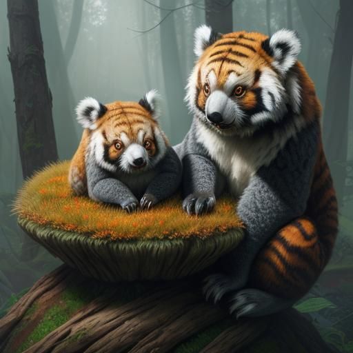 Koala, Tiger, and Red Panda Hybrid on Mushroom