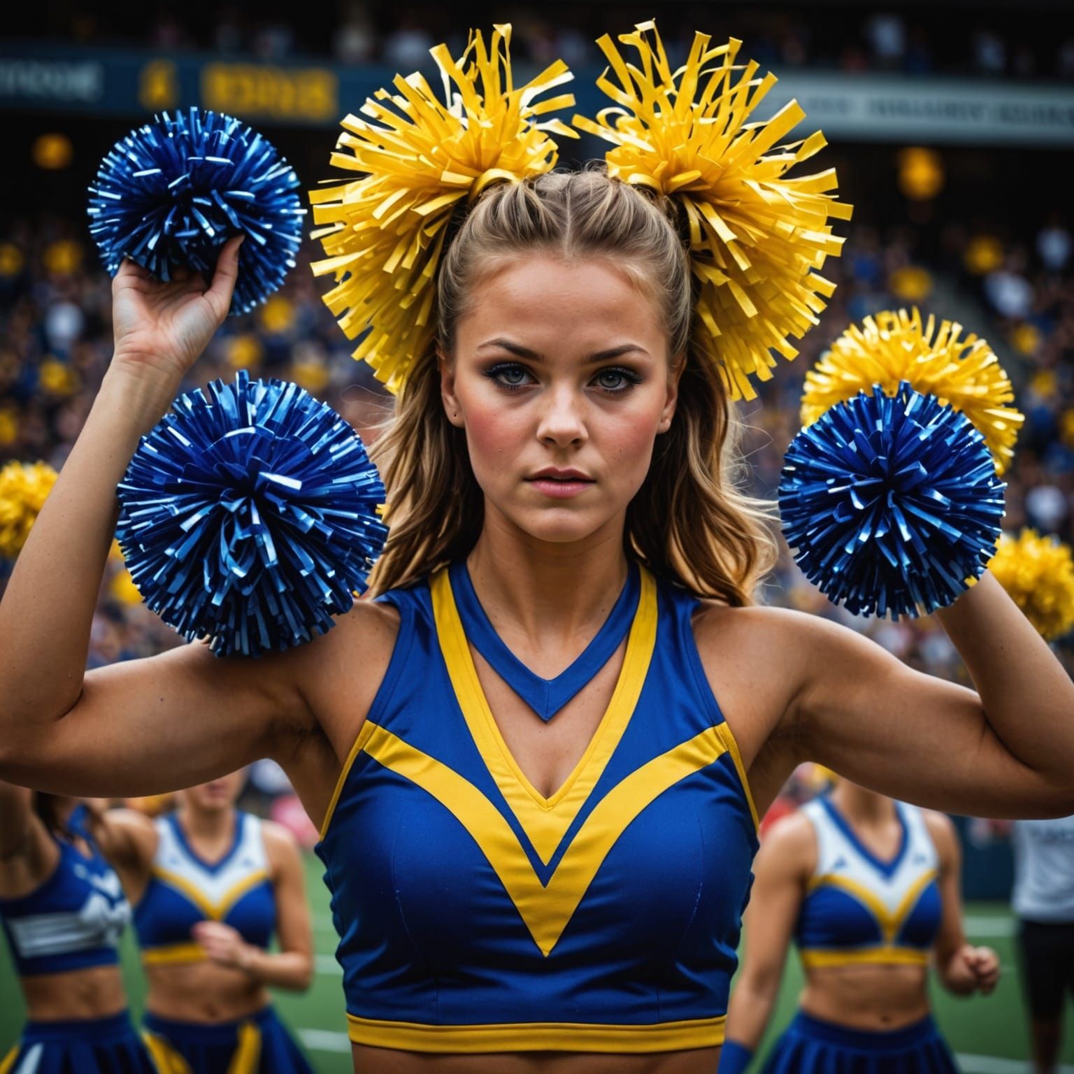 Hyperrealistic Cheerleader with Vertigo and Blue Pom Poms
