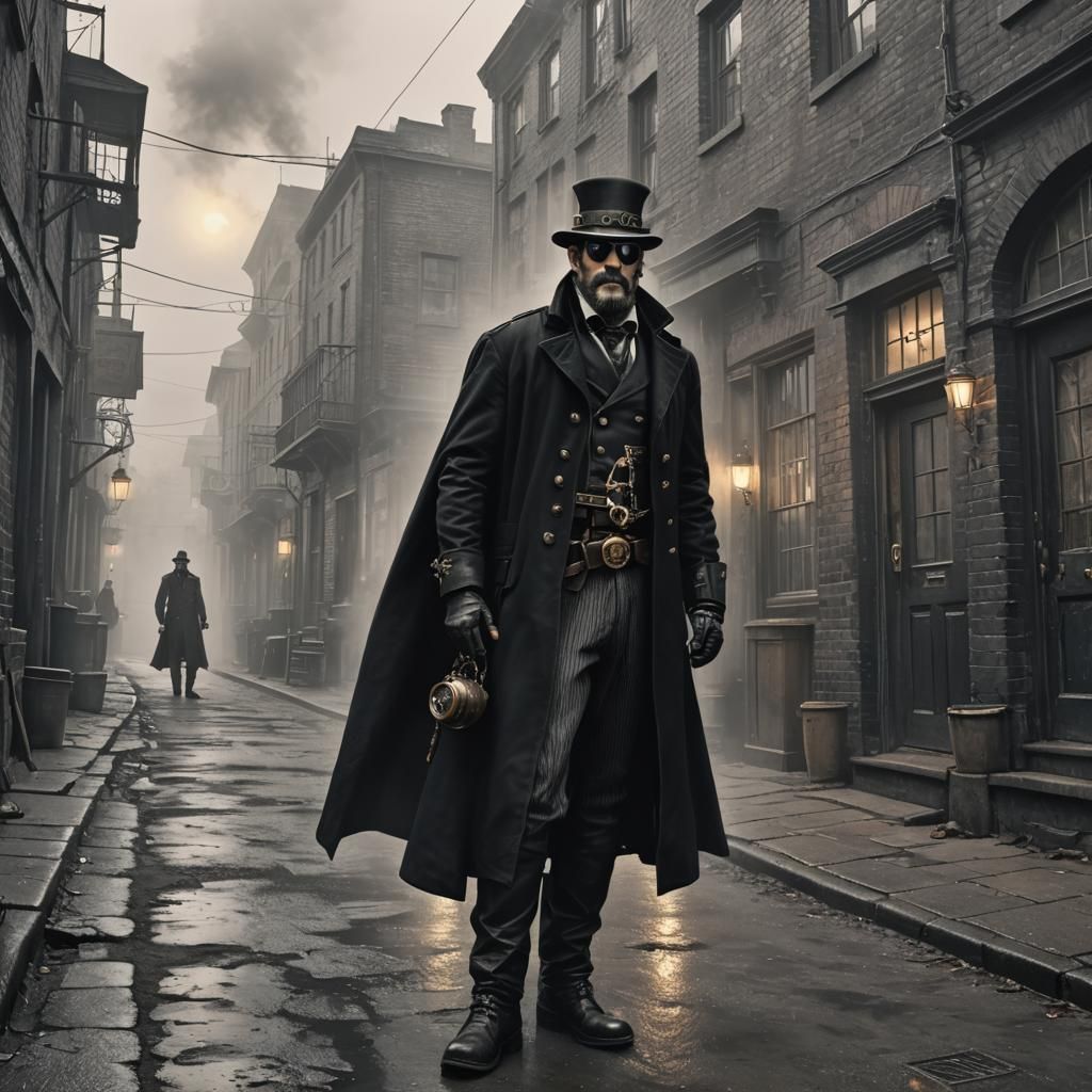 Steampunk Man in Victorian Alleyway Concept Art