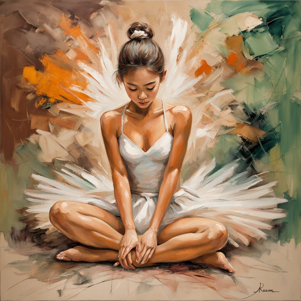 Asian Ballerina in Impasto Oil Painting with Textured Brushs...