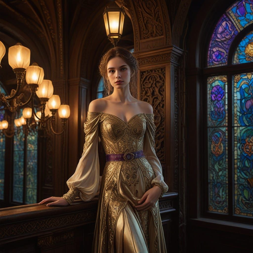 Elegant Woman Lost in Contemplation Amidst Gothic Revival Ar...