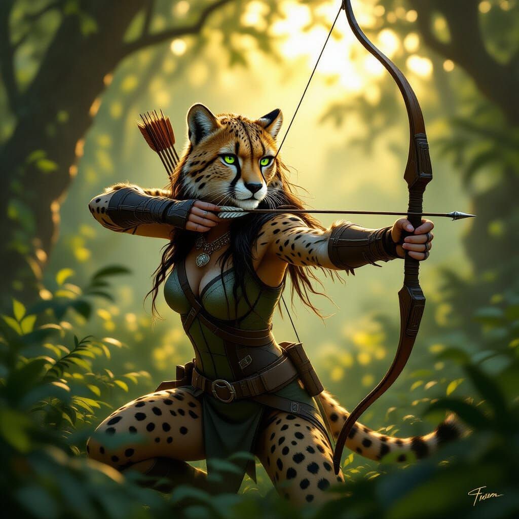 Cheetah Woman Hunter in Sun-Dappled Forest
