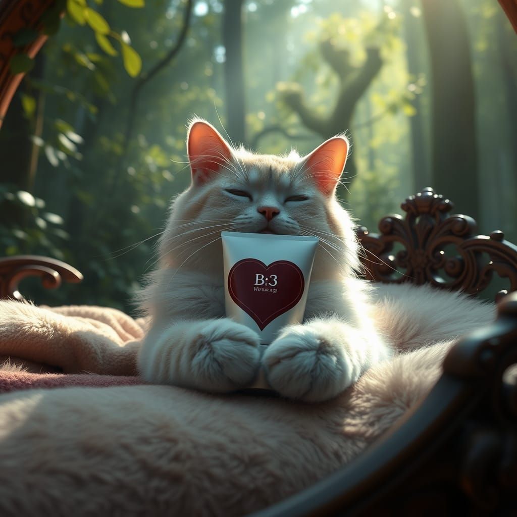 Cat in Forest with Cream, Photorealistic Fantasy Art