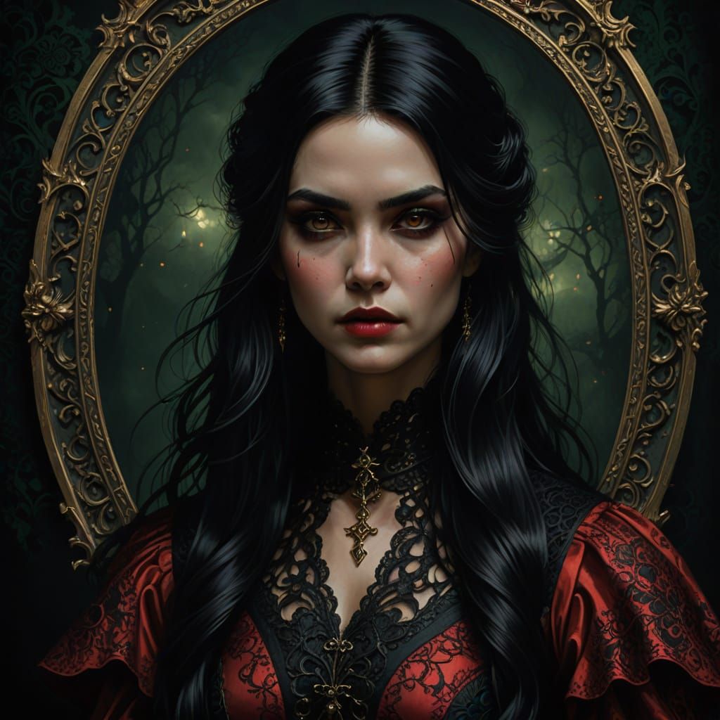 Dark Fantasy Woman in Red Dress: Gothic Portrait
