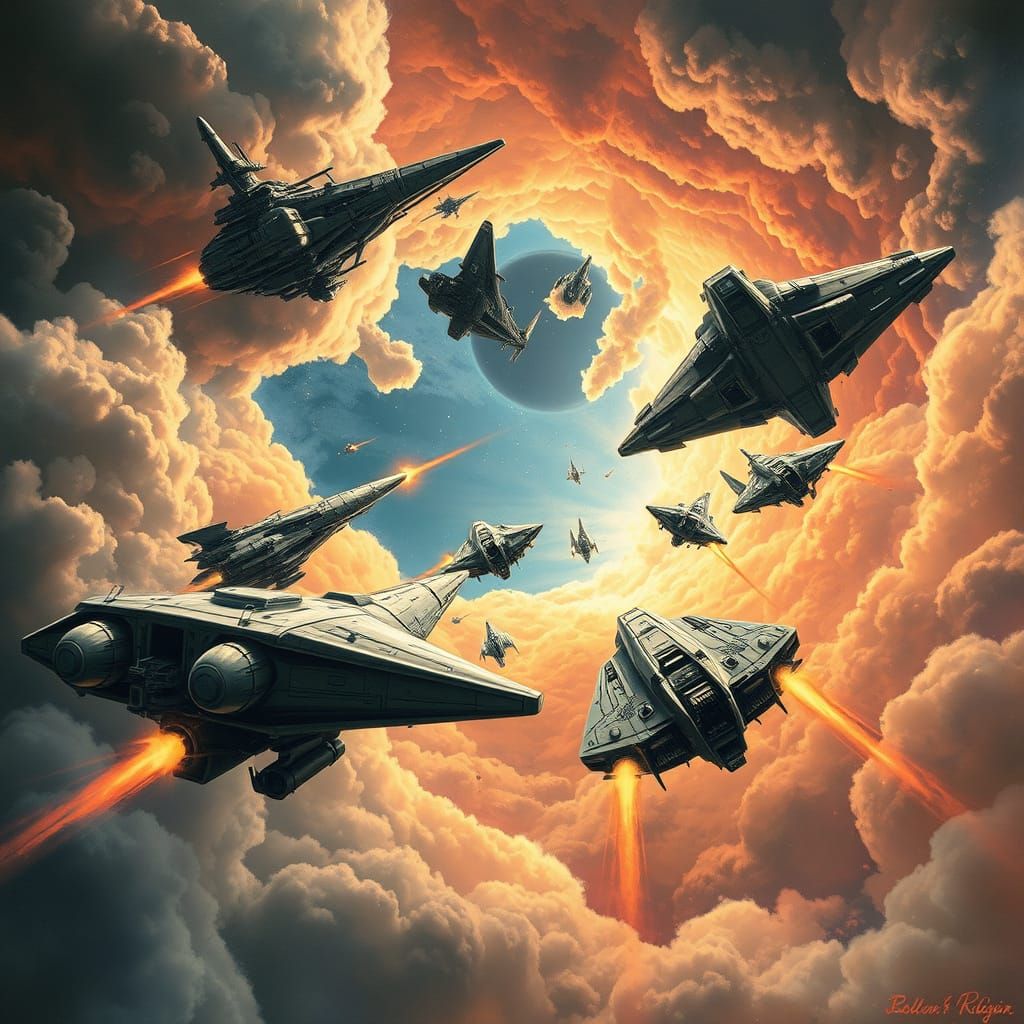 Futuristic Spaceship Battle in Cosmic Nebula