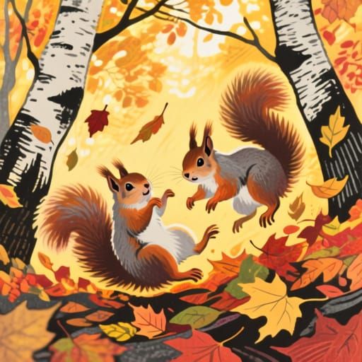 Expressionist Squirrels Play in Golden Autumn Leaves