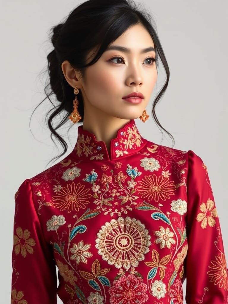 Intricately Embroidered Red Silk Dress