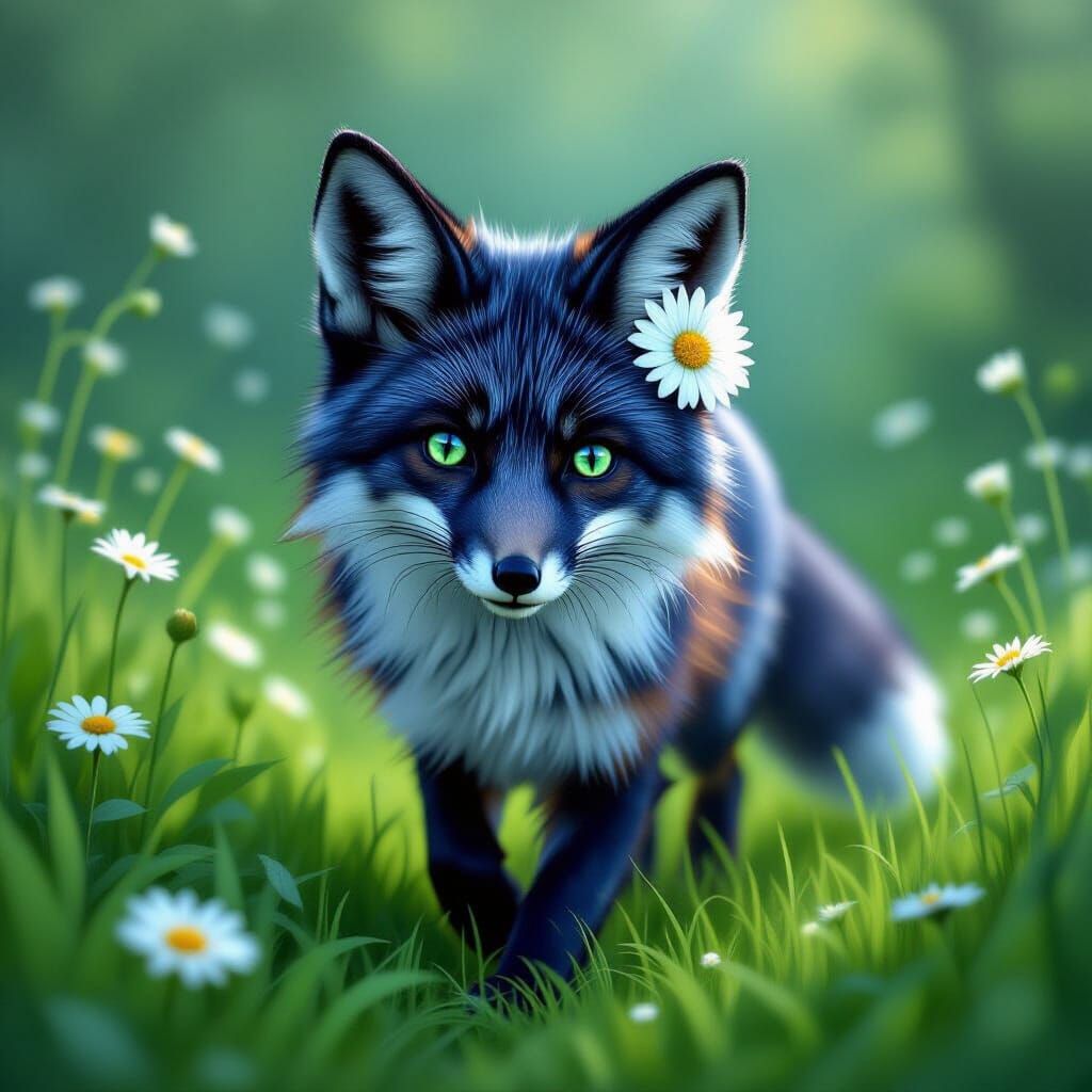 Indigo Fox in Meadow with Daisy, Storybook Illustration