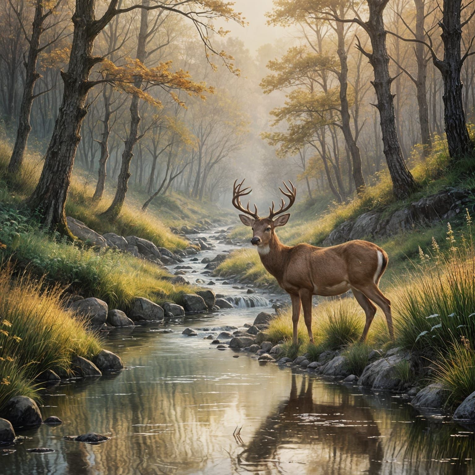 Surreal Watercolor Mountain Landscape with Ethereal Deer