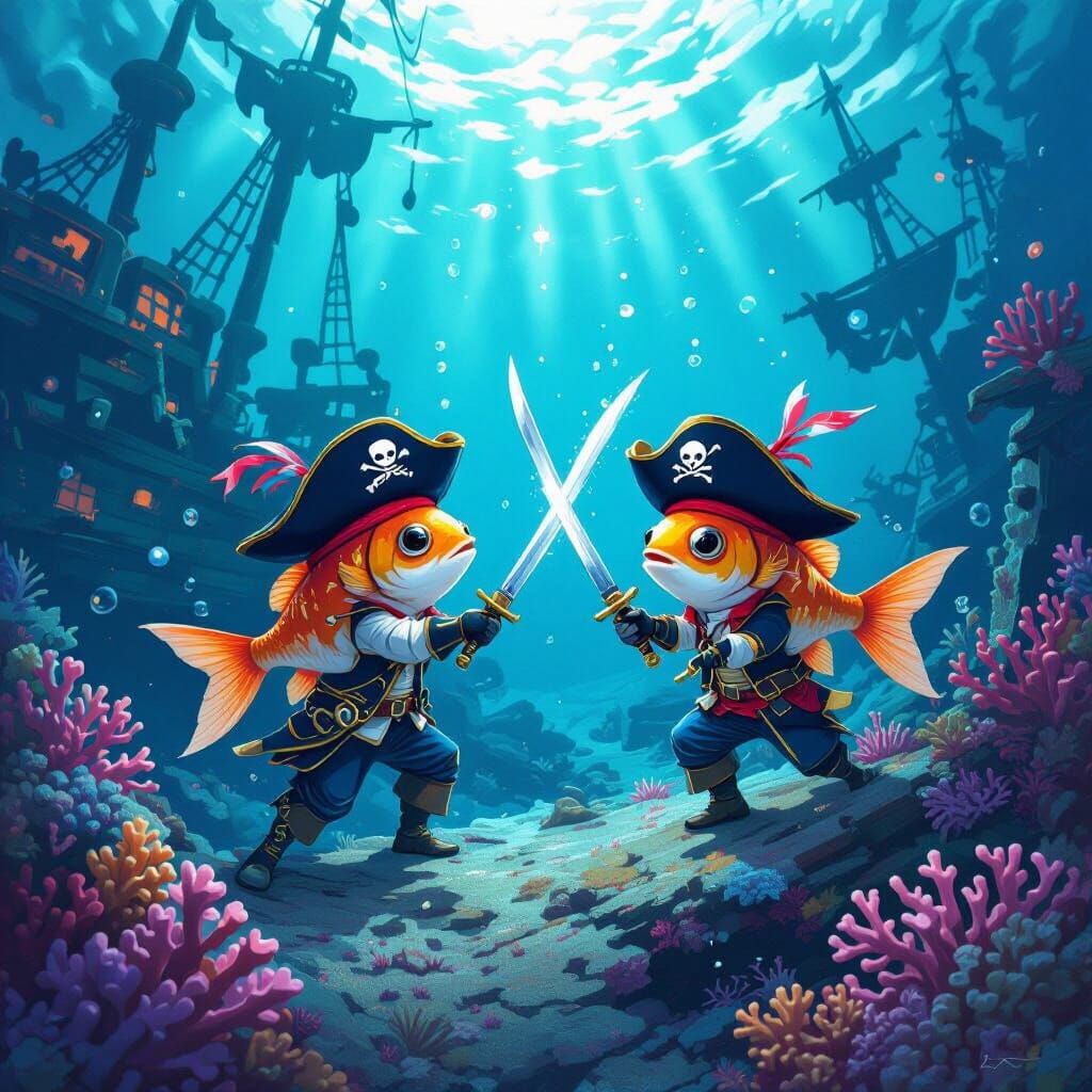 Pirate Fish Duel in Sunken Ship, Dreamy Art