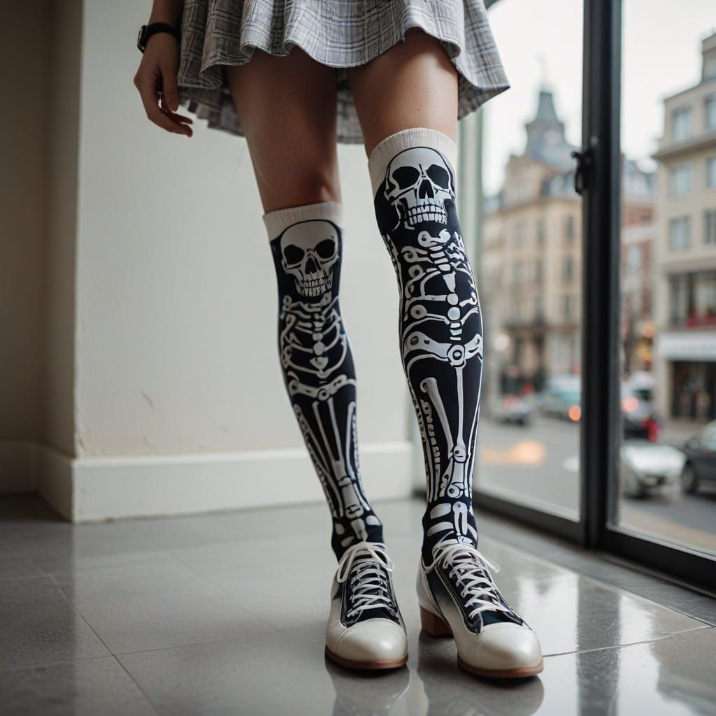 Skeleton Patterned Knee Socks on Woman's Leg in Soft Light