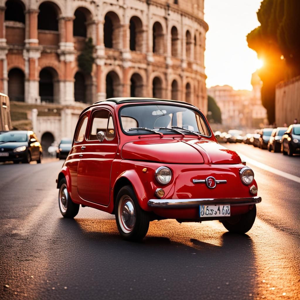 Classic Red Fiat 500 near Rome Colosseum