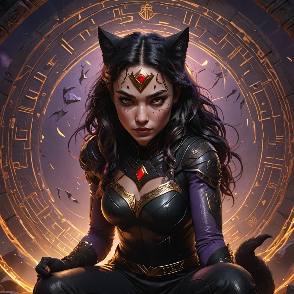 Mystical Cat Woman in Hyperrealistic Dark Fantasy Style