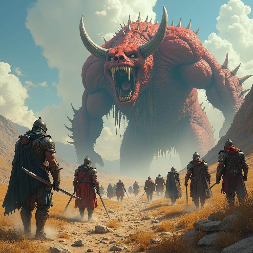 Epic Warriors Clash Against Tarrasque in Fantasy Landscape