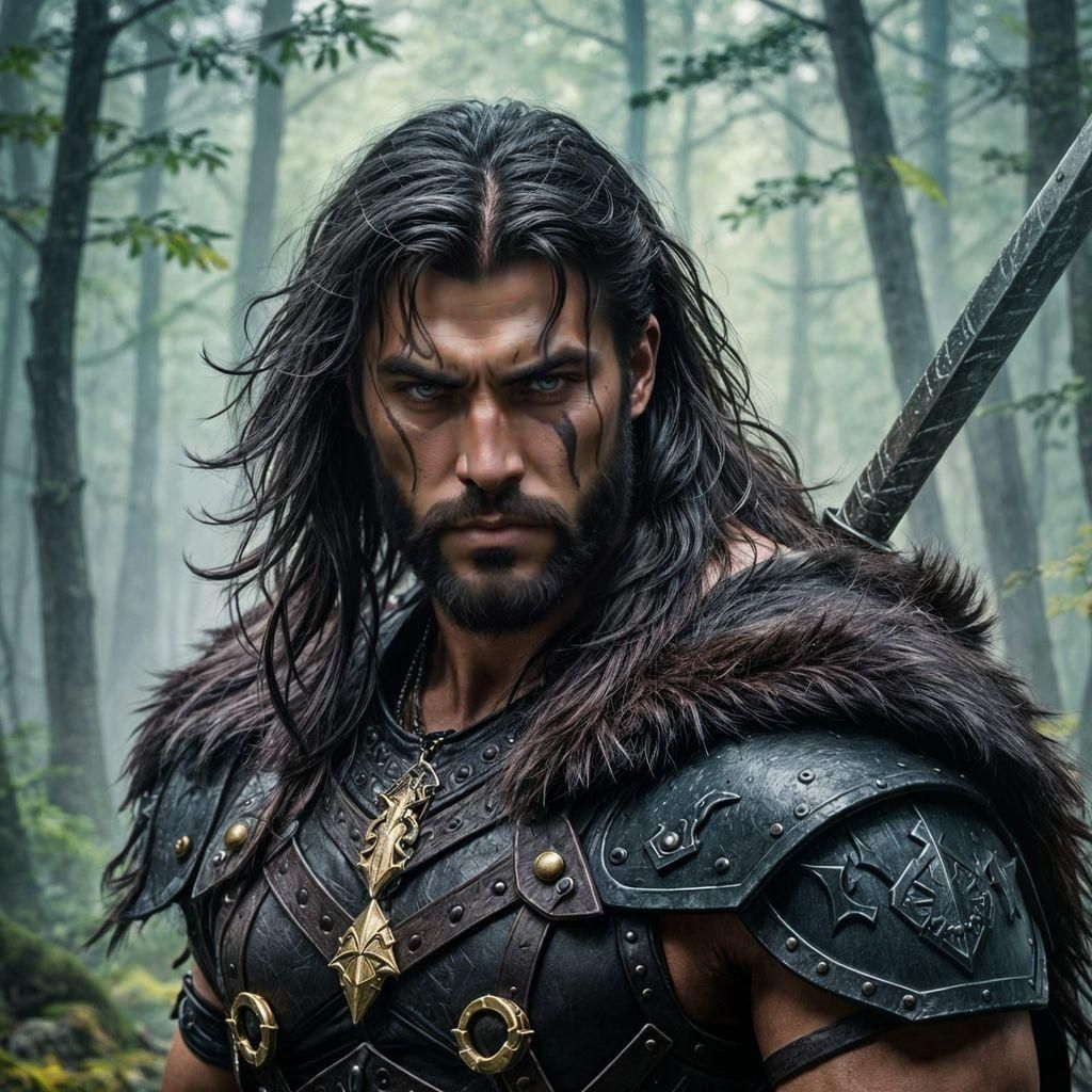 Epic Fantasy Barbarian in Foggy Forest, Detailed Art