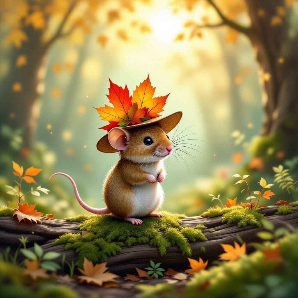 Mouse in Autumn Leaf Hat in Enchanted Forest