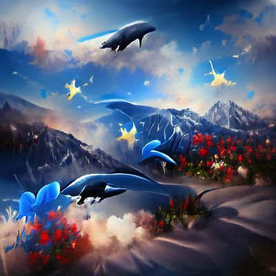 Whales Fly Over Snowy Mountains: Detailed Matte Painting