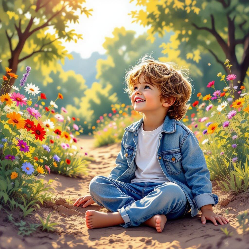 Boy Amazed by Blooming Flowers on Dry Earth in Charcoal Styl...