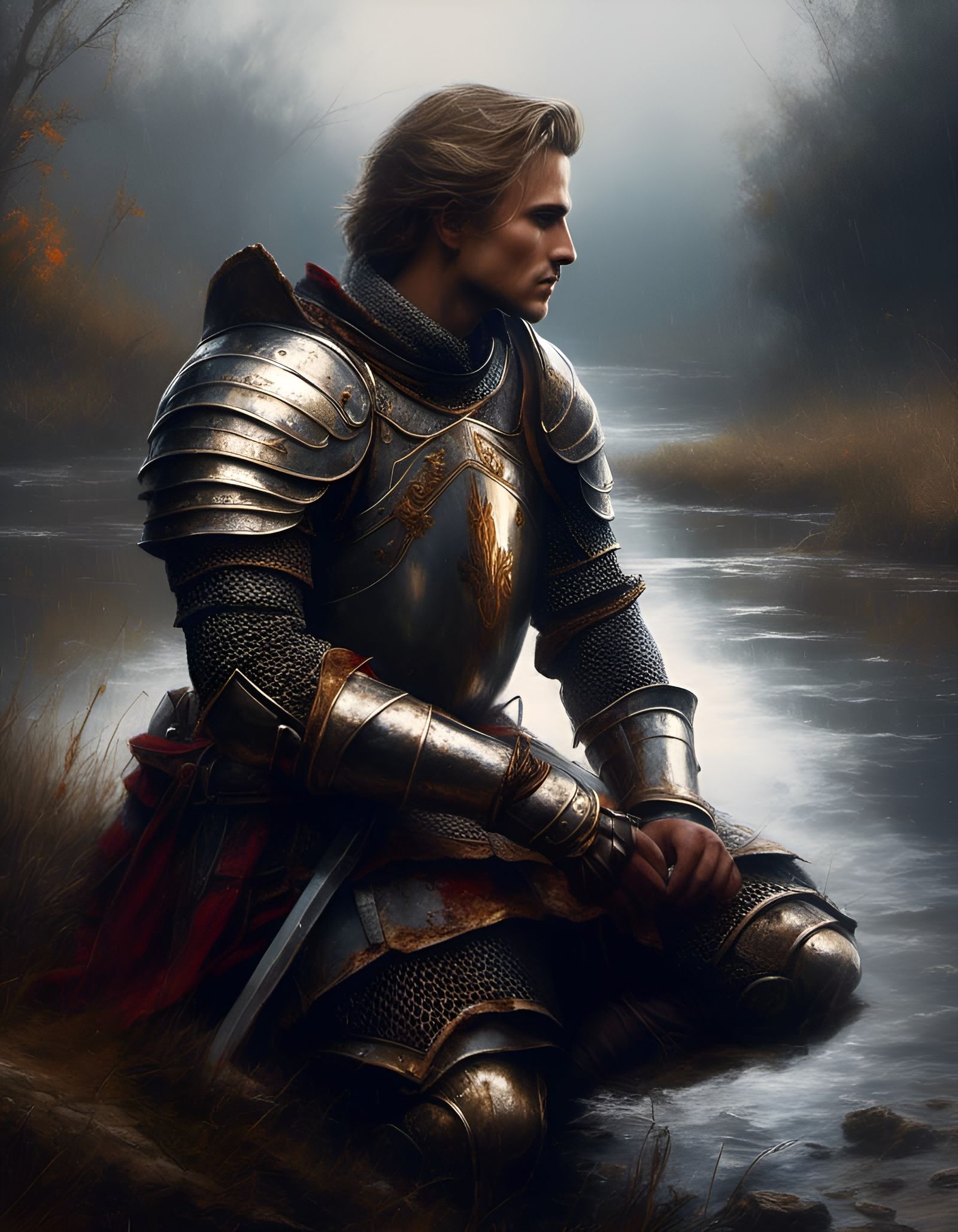 Handsome Knight in Armor Kneeling by River