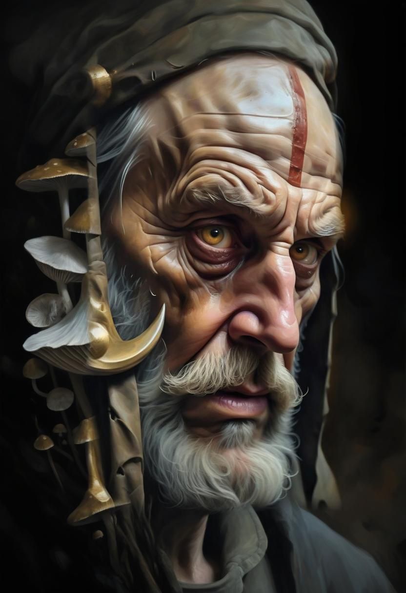 Viking Warrior's Mushroom Vision in Eerie Oil Painting