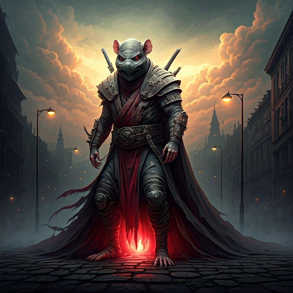 Ethereal Rat Amidst Cityscape at Dusk