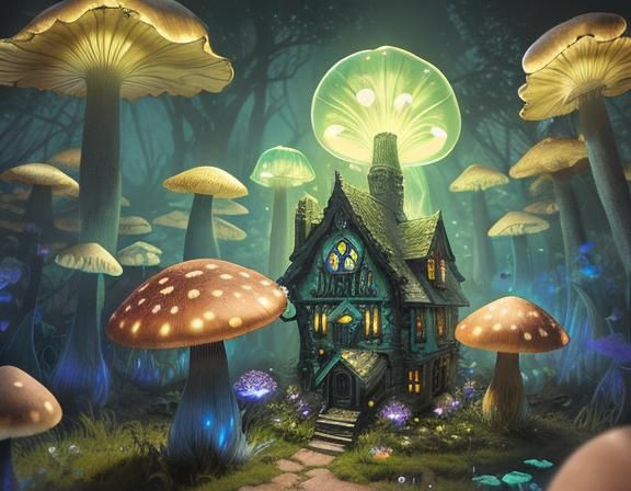 Gothic Fairy Mushroom House in Bioluminescent Forest