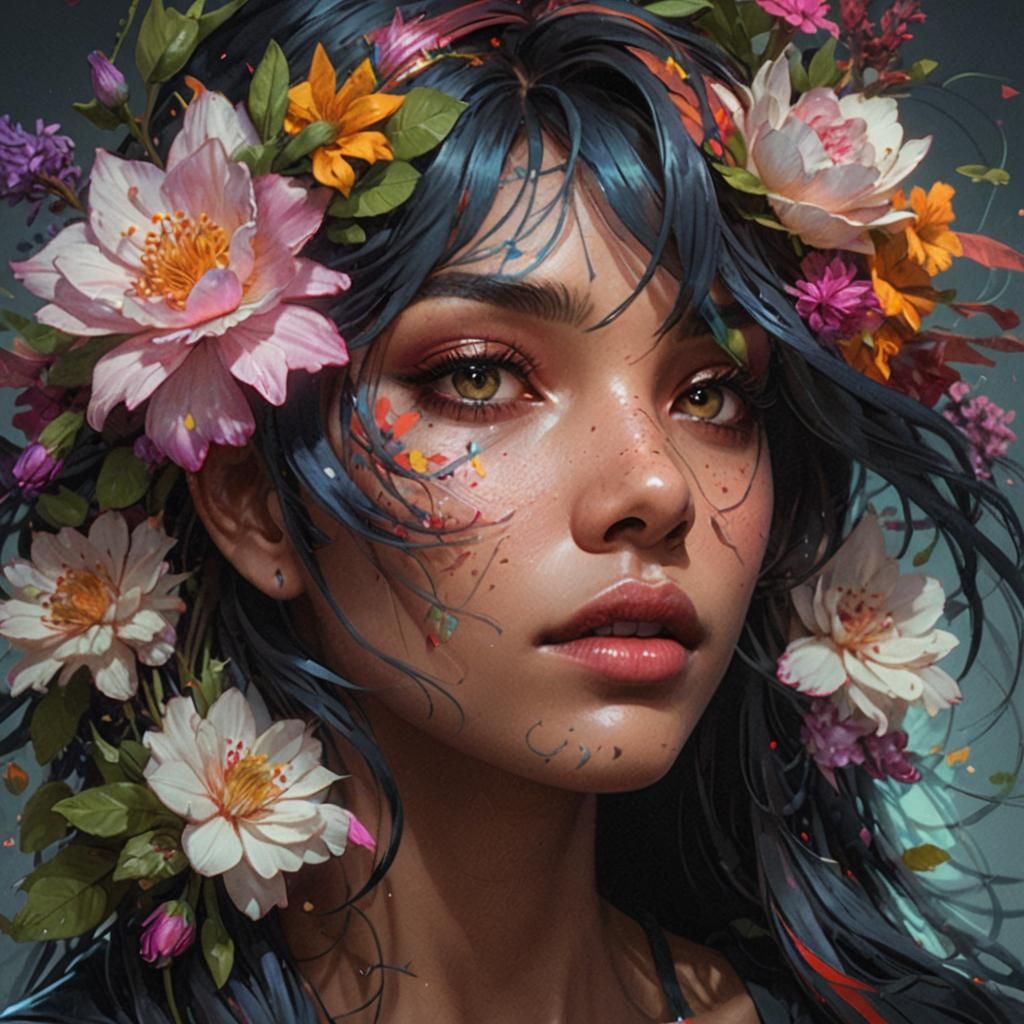 Girl with Flowers: Hyperdetailed Portrait