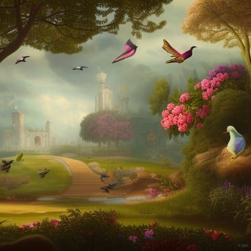 Renaissance Garden: Birds in Detailed Matte Painting